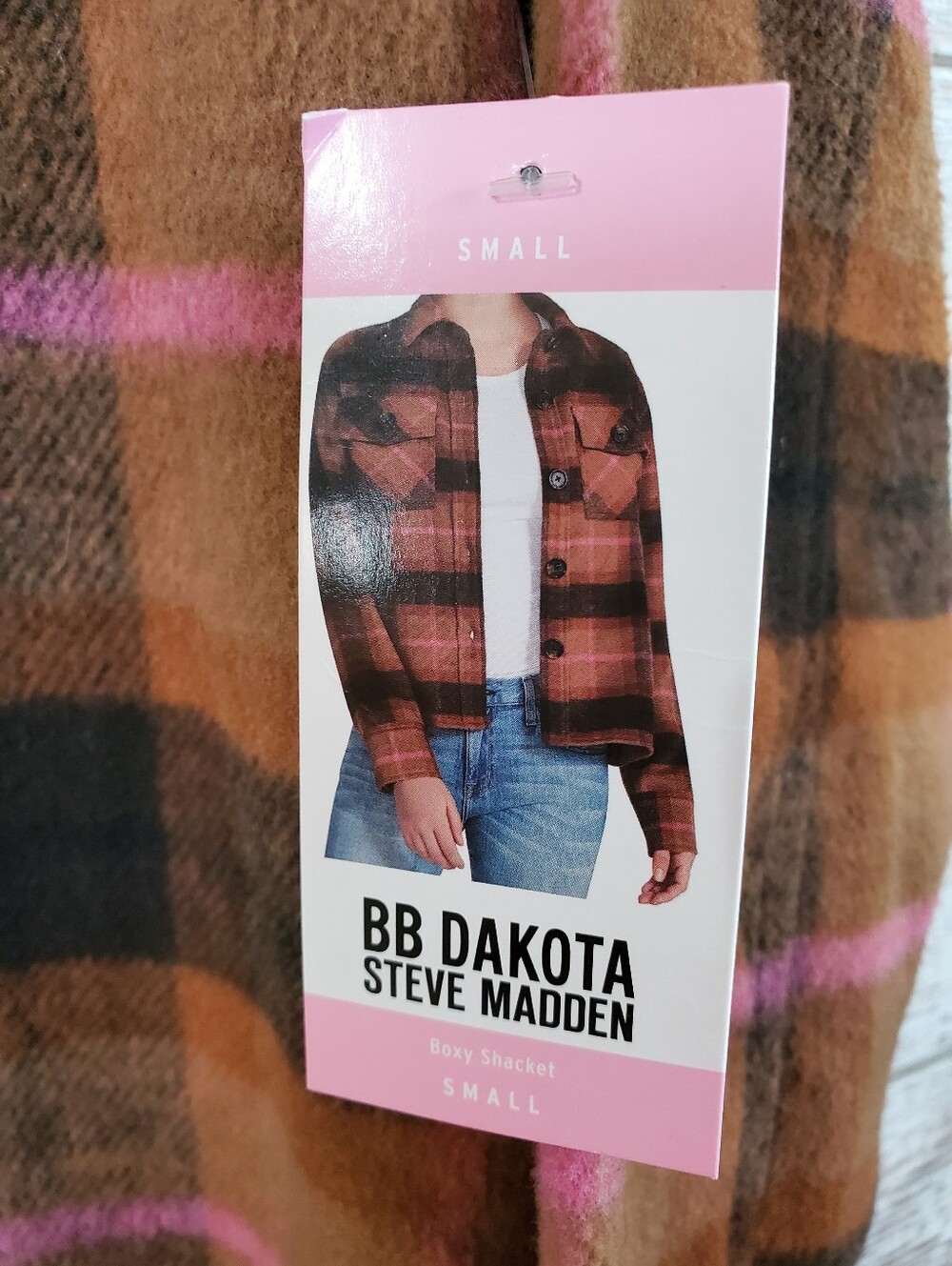 BB Dakota Steve Madden Cashew Plaid Shacket Flannel Boxy Shirt Jacket Brown Pink - Picture 4 of 12